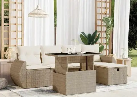 Set canapele de grădină cu perne, 6 piese, bej, poliratan - 1/5