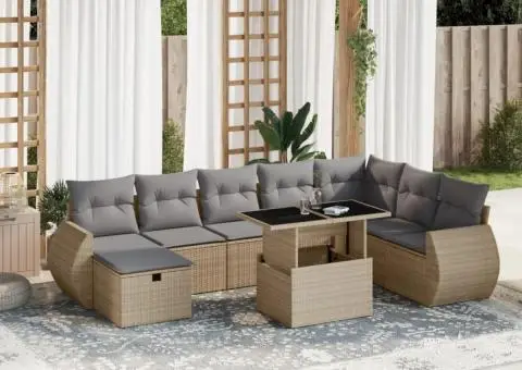 Set canapele de grădină, 9 piese, cu perne, bej, poliratan - 1/5