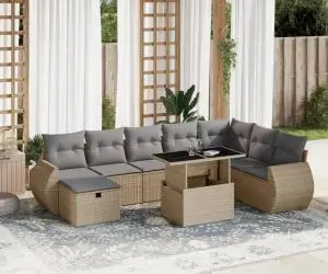 vidaXL Set canapele de grădină, 9 piese, cu perne, bej, poliratan