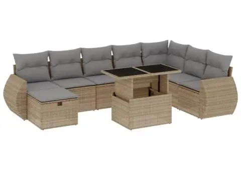 Set canapele de grădină, 9 piese, cu perne, bej, poliratan - 2/5