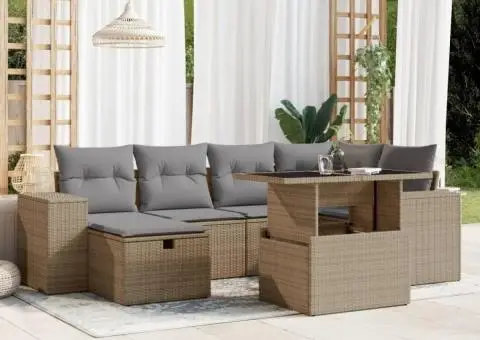 Set canapele de grădină, 7 piese, cu perne, bej, poliratan - 1/5