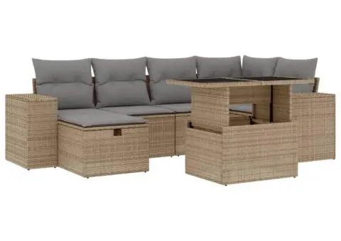 Set canapele de grădină, 7 piese, cu perne, bej, poliratan - 2/5