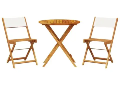 Set mobilier bistro, 3 piese, textil alb crem/lemn masiv - 2/5