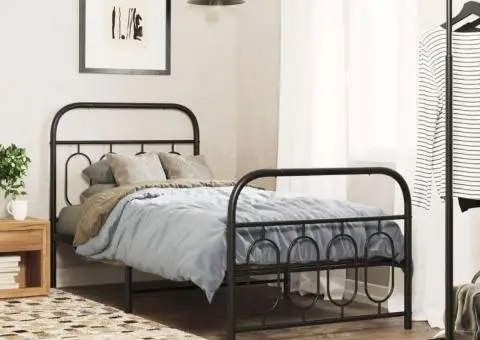 Cadru pat metalic cu tăblii de cap/picioare, negru, 90x200 cm - 1/5