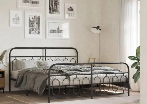 Cadru pat metalic cu tăblii de cap/picioare, negru, 183x213 cm - 1/5