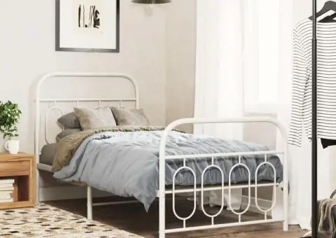 Cadru de pat metalic cu tăblie de cap/picioare, alb, 90x200 cm - 1/5