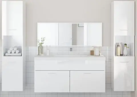 Set mobilier de baie, 4 piese, alb extralucios, lemn prelucrat - 1/5