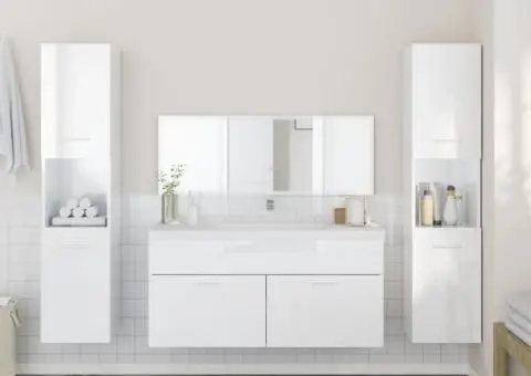 Set mobilier de baie, 4 piese, alb extralucios, lemn prelucrat - 3/5