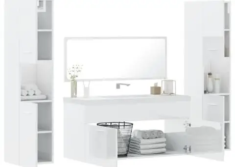 Set mobilier de baie, 4 piese, alb extralucios, lemn prelucrat - 4/5