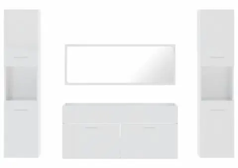 Set mobilier de baie, 4 piese, alb extralucios, lemn prelucrat - 5/5