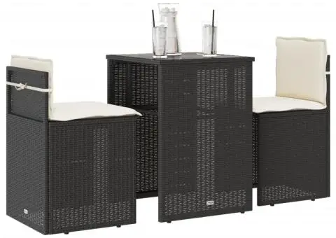 Set bistro cu perne, 3 piese, negru, poliratan - 1/5