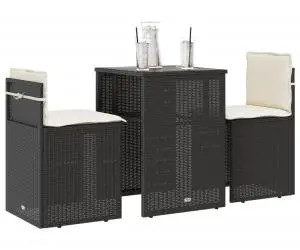 vidaXL Set bistro cu perne, 3 piese, negru, poliratan
