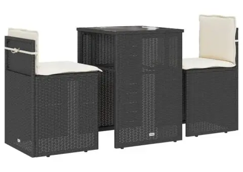 Set bistro cu perne, 3 piese, negru, poliratan - 2/5