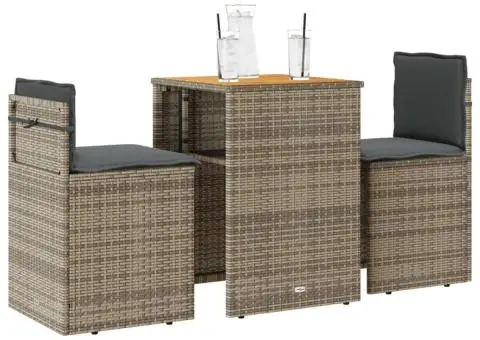 Set bistro de grădină cu perne, 3 piese, gri, poliratan - 1/5