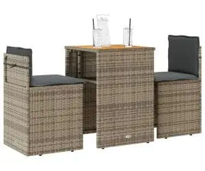 vidaXL Set bistro de grădină cu perne, 3 piese, gri, poliratan