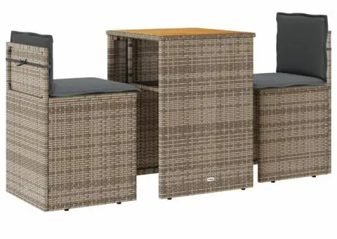 Set bistro de grădină cu perne, 3 piese, gri, poliratan - 2/5