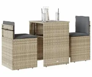 vidaXL Set bistro cu perne, 3 piese, gri deschis, poliratan