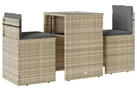 Set bistro cu perne, 3 piese, gri deschis, poliratan - 2/5