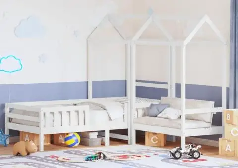 Set pat și bancă cu acoperiș, alb, 90x200 cm, lemn masiv de pin - 1/5