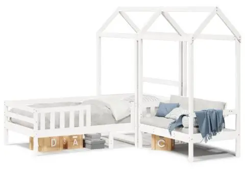 Set pat și bancă cu acoperiș, alb, 90x200 cm, lemn masiv de pin - 2/5