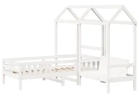 Set pat și bancă cu acoperiș, alb, 90x200 cm, lemn masiv de pin - 3/5