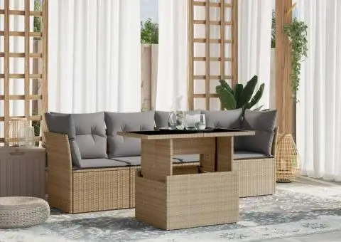 Set canapele de grădină cu perne, 5 piese, bej, poliratan - 1/5