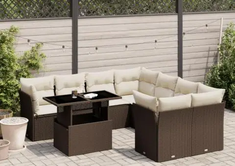 Set canapele de grădină cu perne, 9 piese, maro, poliratan - 1/5