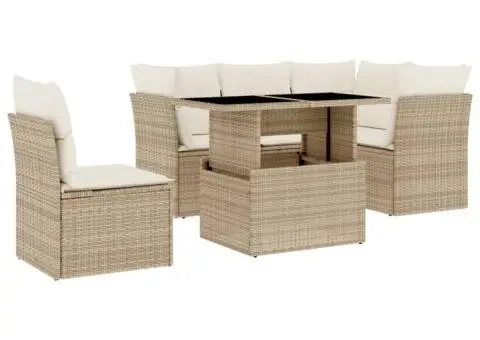 Set canapele de grădină cu perne, 6 piese, bej, poliratan - 2/5