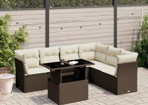 Set canapele de grădină cu perne, 7 piese, maro, poliratan - 1/5