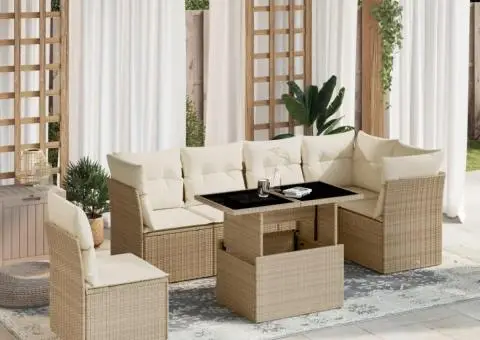 Set canapele de grădină, 7 piese, cu perne, bej, poliratan - 1/5