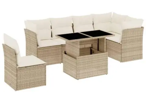 Set canapele de grădină, 7 piese, cu perne, bej, poliratan - 2/5