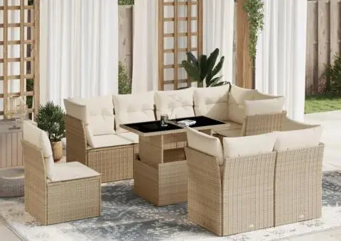 Set canapele de grădină, 9 piese, cu perne, bej, poliratan - 1/5