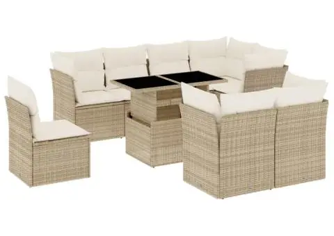 Set canapele de grădină, 9 piese, cu perne, bej, poliratan - 2/5