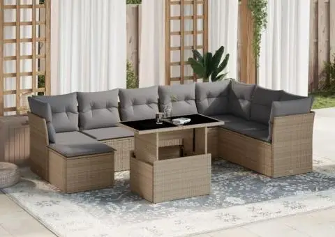 Set canapele de grădină, 9 piese, cu perne, bej, poliratan - 1/5