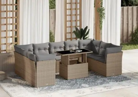 Set canapele de grădină cu perne, 10 piese, bej, poliratan - 1/5