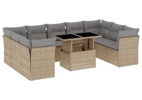 Set canapele de grădină cu perne, 10 piese, bej, poliratan - 2/5