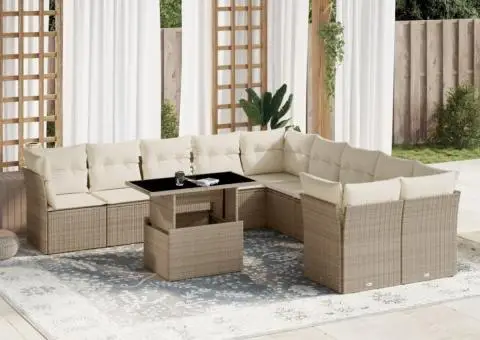 Set canapele de grădină cu perne, 11 piese, bej, poliratan - 1/5