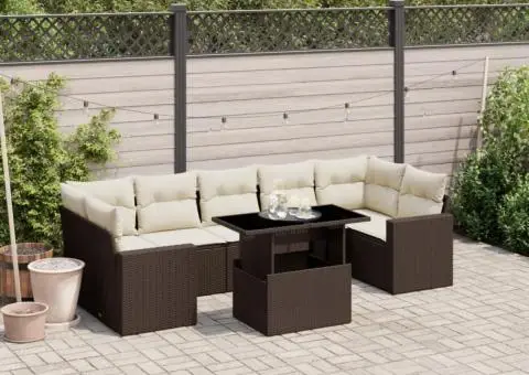 Set canapele de grădină cu perne, 8 piese, maro, poliratan - 1/5