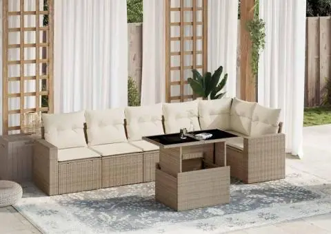 Set canapele de grădină, 7 piese, cu perne, bej, poliratan - 1/5