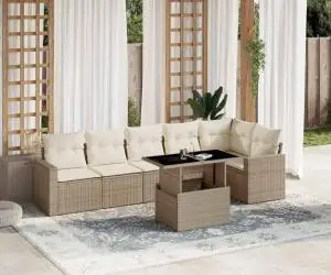 vidaXL Set canapele de grădină, 7 piese, cu perne, bej, poliratan