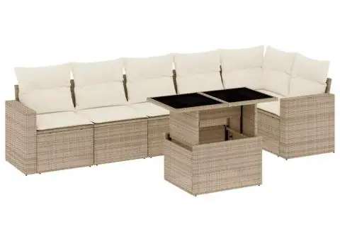 Set canapele de grădină, 7 piese, cu perne, bej, poliratan - 2/5