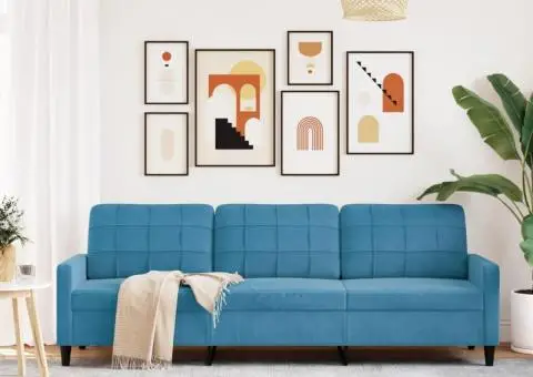 Canapea cu 3 locuri, Albastru, 210 cm, material catifea - 3/5