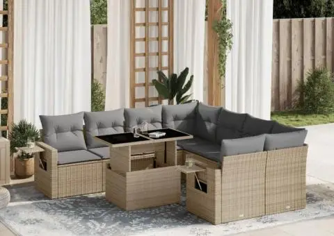 Set canapele de grădină, 9 piese, cu perne, bej, poliratan - 1/5