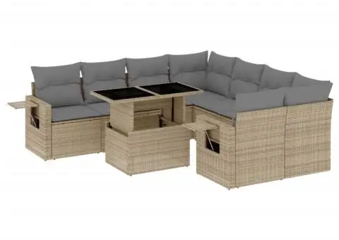 Set canapele de grădină, 9 piese, cu perne, bej, poliratan - 2/5