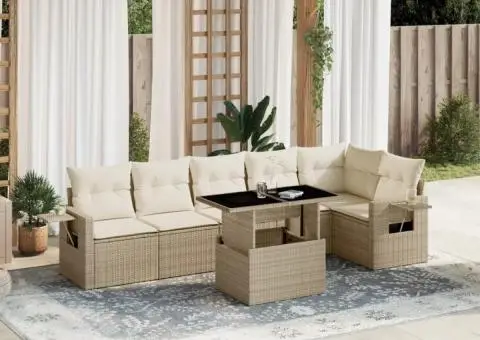 Set canapele de grădină, 7 piese, cu perne, bej, poliratan - 1/5