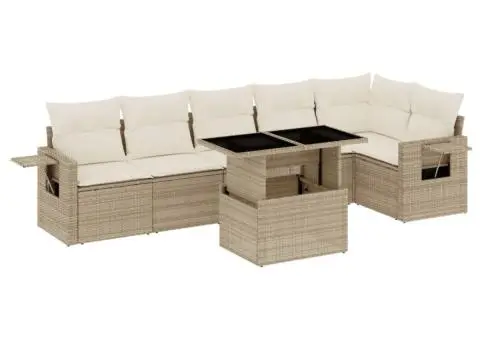 Set canapele de grădină, 7 piese, cu perne, bej, poliratan - 2/5