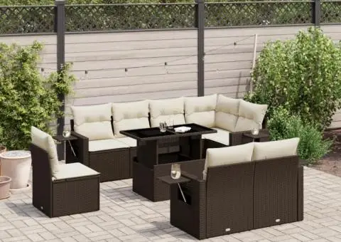 Set canapele de grădină cu perne, 9 piese, maro, poliratan - 1/5