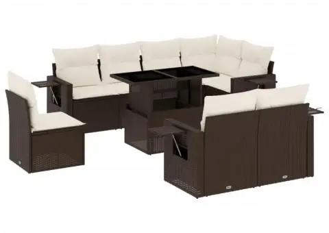 Set canapele de grădină cu perne, 9 piese, maro, poliratan - 2/5