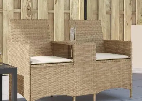 Canapea de grădină cu 2 locuri cu masă/perne, bej, poliratan - 1/5