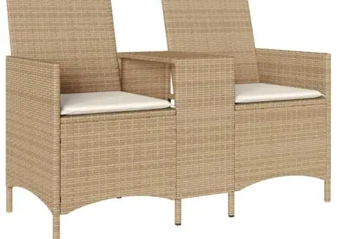 Canapea de grădină cu 2 locuri cu masă/perne, bej, poliratan - 2/5